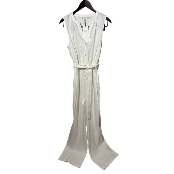 Womens SZ 10 Sleeveless White Linen Blend Belted Jumpsuit Button Front - Picture 3 of 9